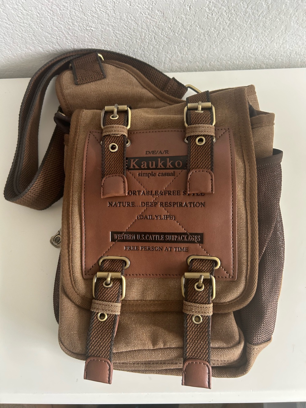 Kaukko Brown Canvas Casual Shoulder Sling Messenger Bag Western Cattle